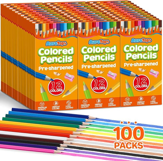 100 Packs Colored Pencils Bulk,1200 Count Pre-Sharpened Colored Pencils in Bulk,Vibrant Colors,12 Color Pencils Set for Classroom Prizes,Back to School Supplies for Kids-DeskLoop Office