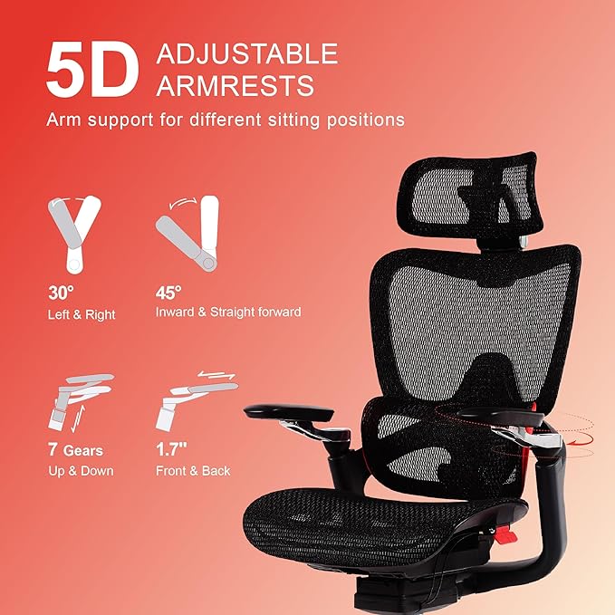 Ergonomic Office Chair, Big and Tall Mesh Computer Gaming Chair with Adaptive Lumbar Support, Work Chair with Headrest, 5D Armrest,90-130°Tilt, BIFMA Certified, Model Zen (Red)-DeskLoop Office