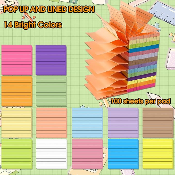 14 Pads Pop Up Sticky Notes,1400 Sheet Lined Sticky Notes 3x3 Inch,Self-Stick Notes Pads with Lines,Bright Multi Colors Easy Post Notes Pop up Refill for Office Study School Daily Life,100 Sheets/Pad-DeskLoop Office