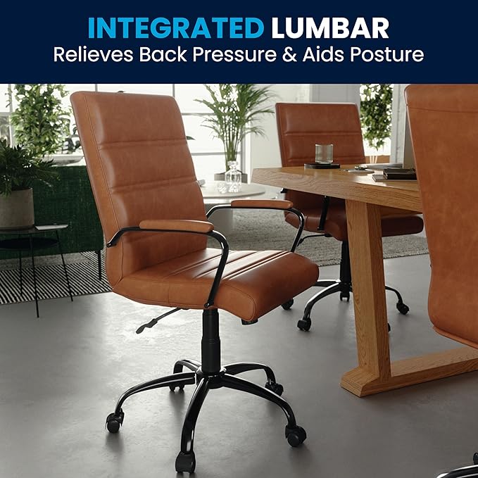 Flash Furniture Whitney Mid-Back Swivel Leather Desk Chair with Padded Seat and Armrests, Adjustable Height Padded Leather Office Chair, Brown/Black-DeskLoop Office