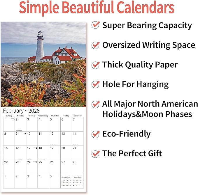 2025 Wall Calendar,Calendar 2026, July 2025 - December 2026, Wall Calendar Lighthouses, 12" x 24" Opened,Full Page Months Thick & Sturdy Paper for Calendar Organizing & Planning-DeskLoop Office