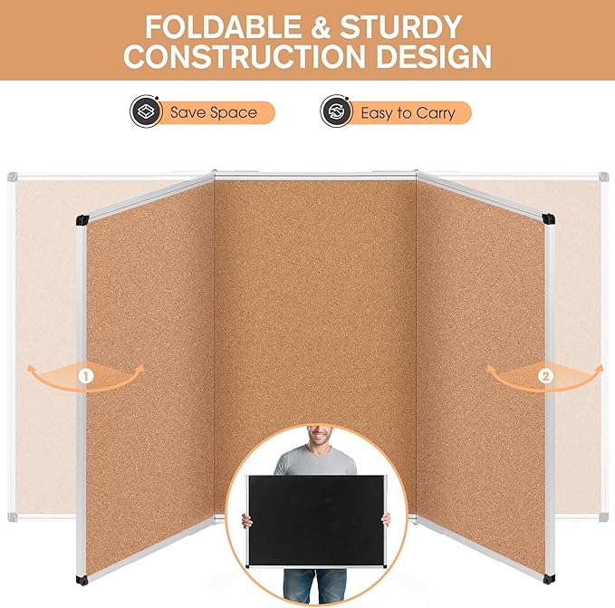 Board2by Extra Large Cork Bulletin Board 96" X 48", Foldable Notice Pin Board for Wall, Silver Aluminum Framed 8'x4' Corkboard, Wall Mounted Noticeboard with 36 Push Pins for School, Home & Office-DeskLoop Office