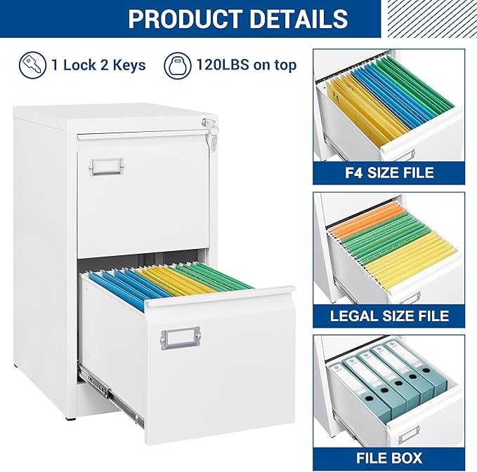 2 Drawers Vertical File Cabinets - 17.8" Deep Lockable Filing Cabinet - Metal Storage Cabinets for Home Office to Hanging Files Letter/Legal/F4/A4 Size