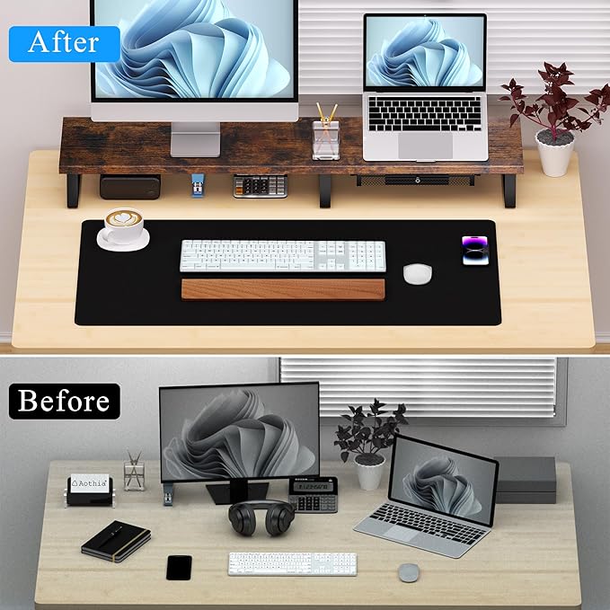 Aothia Dual Monitor Stand Riser - Metal Leg Monitor Stand with Drawer, Desk Shelf for PC, Laptop & Screen (Vintage)-DeskLoop Office
