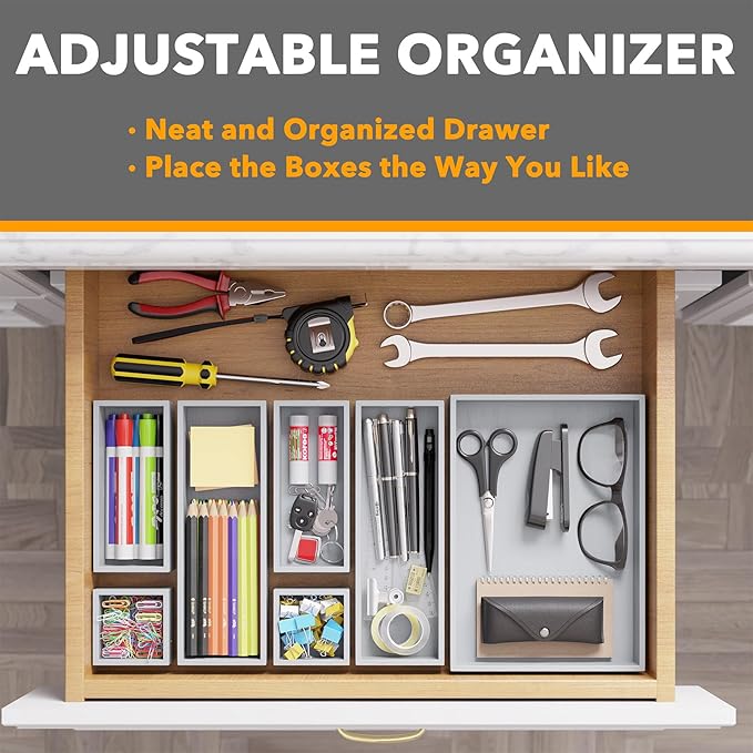 SpaceAid 7-Piece Bamboo Drawer Organizer Storage Boxes Set, Wood Tray Junk Drawer Organizers Multi-Use Divider Bins for Kitchen, Bathroom, Office Desk and Makeup Organization (7 Pack, Gray)-DeskLoop Office