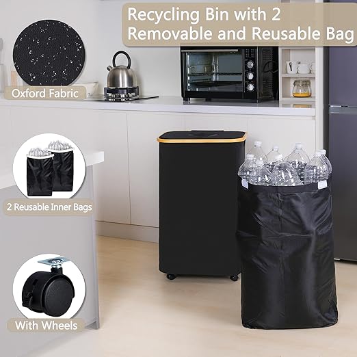 efluky Recycle Bins for Kitchen 100L (26 Gallon), Recycling Bin with Wheels and 2 Removeable and Reusable Inner Bags, Kitchen Recycling bin with lid for Bottle Can Plastice Stickers, Black-DeskLoop Office