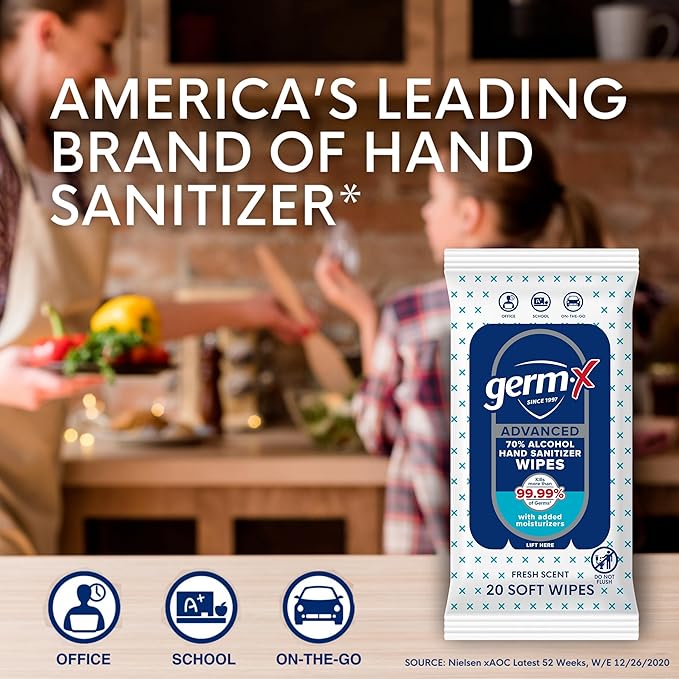 Germ-X Advanced Single-Use Hand Sanitizer Wipes, 20 Soft Wipes, Non-Drying Hand Sanitizer, Instant No Rinse Formula, Back to School Supplies, 70% Alcohol-Based Moisturizing Hand Sanitizer (Pack of 10)-DeskLoop Office