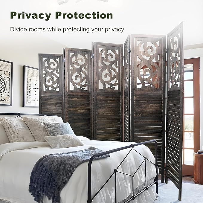 NicBex 8 Panel Room Divider,5.6FT Wood Carved Room Dividers,Folding Privacy Screens Portable Freestanding Partition Wall Dividers for Room Separation,Home Bedroom Office,Rustic Brown-DeskLoop Office