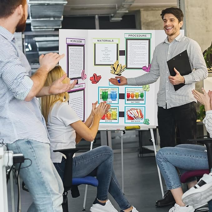 4 Pcs Trifold Display Board 36"x 48" Large White Presentation Board with Board Headers 4 Science Subtitles 32 Black Edge Self Adhesive Paper Poster Board for School Projects and Business Presentations-DeskLoop Office