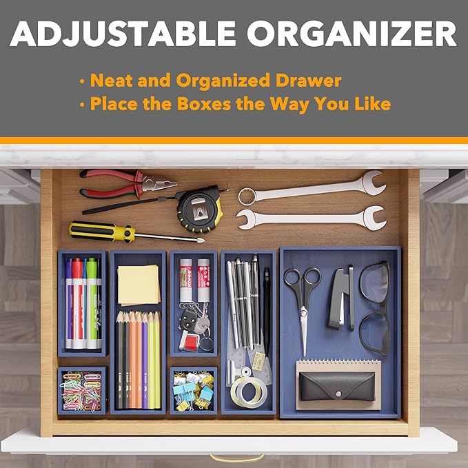 SpaceAid 7-Piece Bamboo Drawer Organizer Storage Boxes Set, Wood Tray Junk Drawer Organizers Multi-Use Divider Bins for Kitchen, Bathroom, Office Desk and Makeup Organization (7 Pack, Navy Blue)-DeskLoop Office