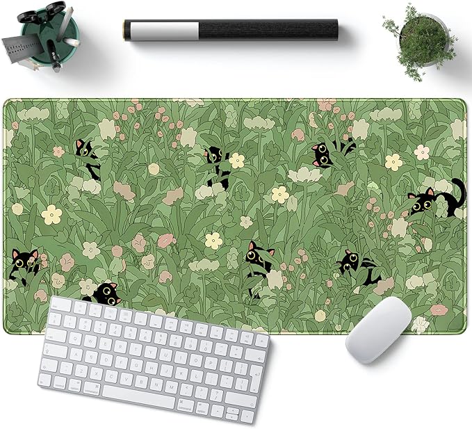 Green Desk Mat XL Cat Cute Plant Cool Desk Pad Keyboard Mat Kawaii Black Cat Flower Mouse Pad Green Desk Mat Desk Decor with Stitched Edges Non-Slip Large Computer Mat 31.5x15.7in-DeskLoop Office