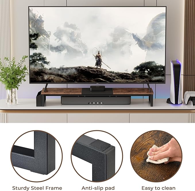 LAND·VOI Dual Monitor Stand Riser,41.5'' Long Monitor Stand for 2 Monitors, Wood Computer Riser with Pocket, Desktop Oraganizer with Pen Holder, Monitor Riser for Desk Computer,Laptop,TV, Rustic Brown-DeskLoop Office