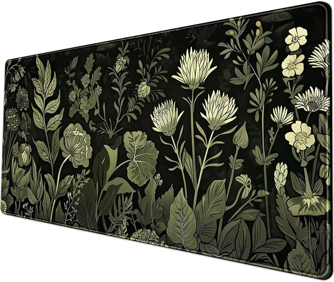 Sage Green Floral Black Plant Desk Pad Retro Aesthetics Mouse Pad Large Gaming Mouse Mat for Office Computer Keyboard Laptop Home with Stitched Edges,Non-Slip Base 31.5 X 11.8 in-DeskLoop Office