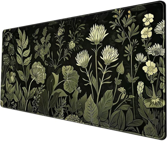 Sage Green Floral Black Plant Desk Pad Retro Aesthetics Mouse Pad Large Gaming Mouse Mat for Office Computer Keyboard Laptop Home with Stitched Edges,Non-Slip Base 31.5 X 11.8 in-DeskLoop Office