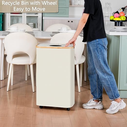 efluky Recycle Bins for Kitchen 100L (26 Gallon), Recycling Bin with Wheels and 2 Removeable and Reusable Inner Bags, Kitchen Recycling bin with lid for Bottle Can Plastice Stickers, Beige-DeskLoop Office
