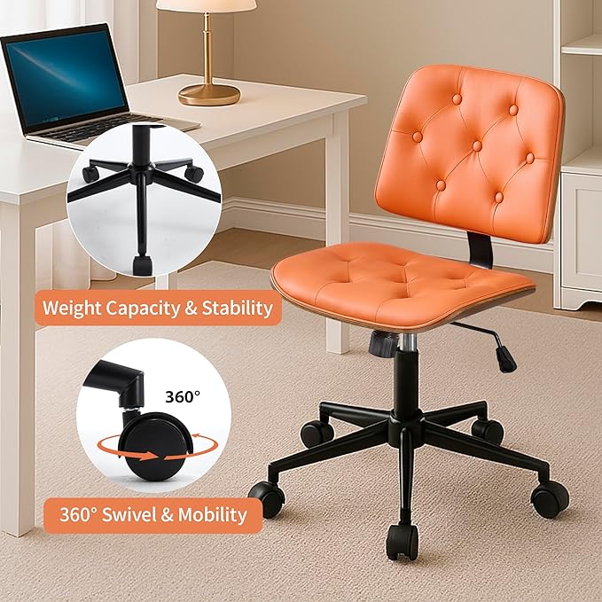Small Armless Desk Chair – PU Leather Mid-Back Ergonomic Office Chair with Adjustable Height, Swivel Wheels, Walnut Frame, Ideal for Small Office, Study, or Bedroom, Orange-DeskLoop Office