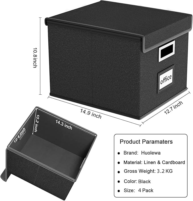 Huolewa New Portable File Organizer Boxes Set of 4, Collapsible Linen Hanging Filing Storage Boxes with Plastic Slide, Decorative Home/Office Filing System for File and Folders Storage (Black)-DeskLoop Office