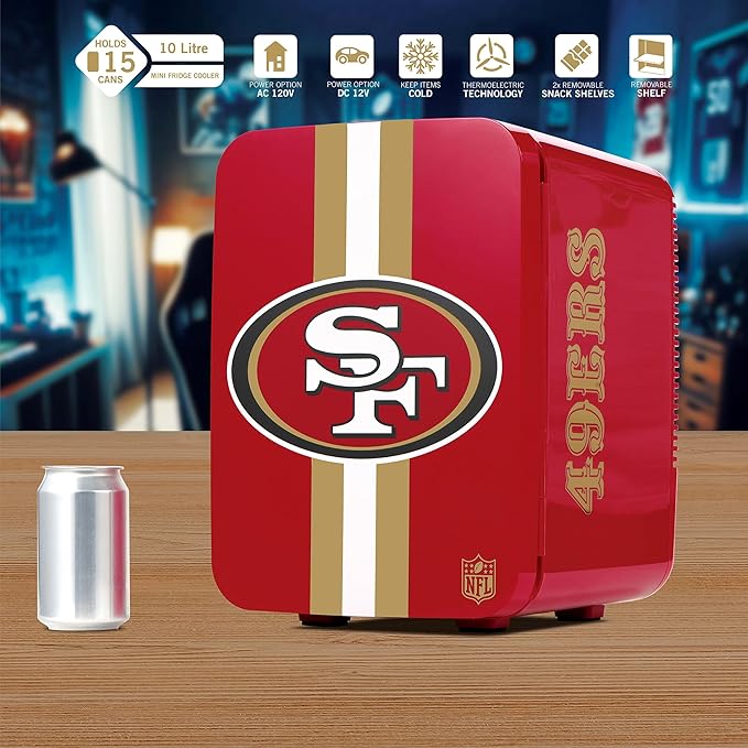 Ukonic NFL San Francisco 49ers 15-Can Mini Fridge 10L – AC/DC Powered, Official Team Colors & Logo, Portable Cooler for Tailgates, Home, Office, or Car-DeskLoop Office