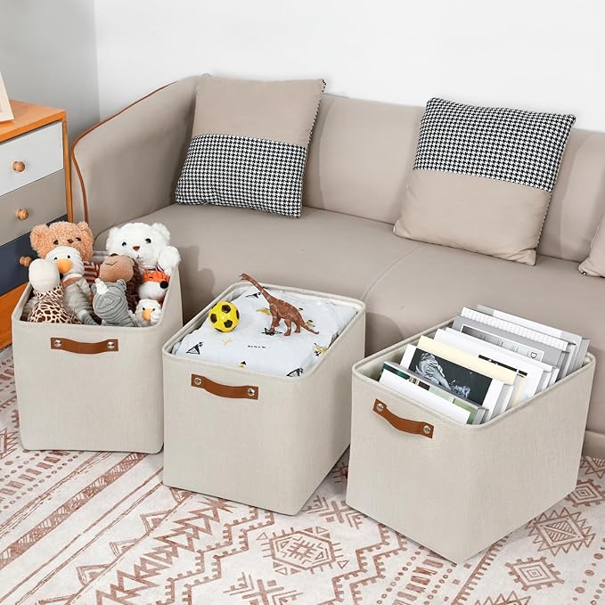 DULLEMELO Large Storage Baskets, Fabric Storage Bins for Organizing Clothes, Large Storage Bins with Handles for Shelves Closet Organizers, Fabric Storage Baskets for Toy Organizers(Beige)-DeskLoop Office