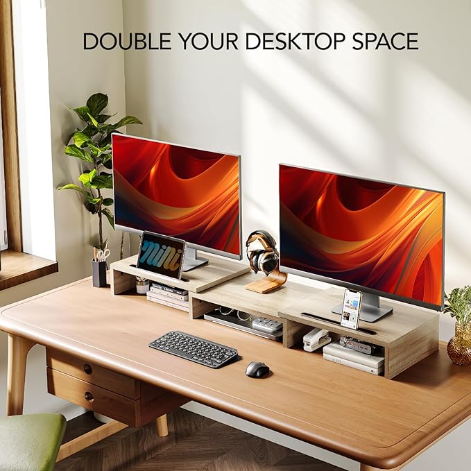 AMERIERGO Dual Monitor Stand Riser- 3 Shelf Screen Stand with Adjustable Length and Angle, 2 Extra Functional Slot Desktop Organizer Stand for PC, Computer, Laptop (Light Wood)-DeskLoop Office