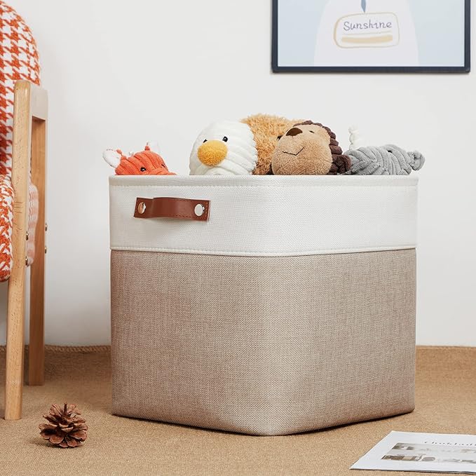 DULLEMELO Cube Storage Bins - 4 Pack Foldable Large Storage Baskets 12 inch Gifts Empty Fabric Bins for Home Office Cubes Organizer Closet, Shelves, Toy, Nursery (4 Pack - 12" White&Khaki)-DeskLoop Office