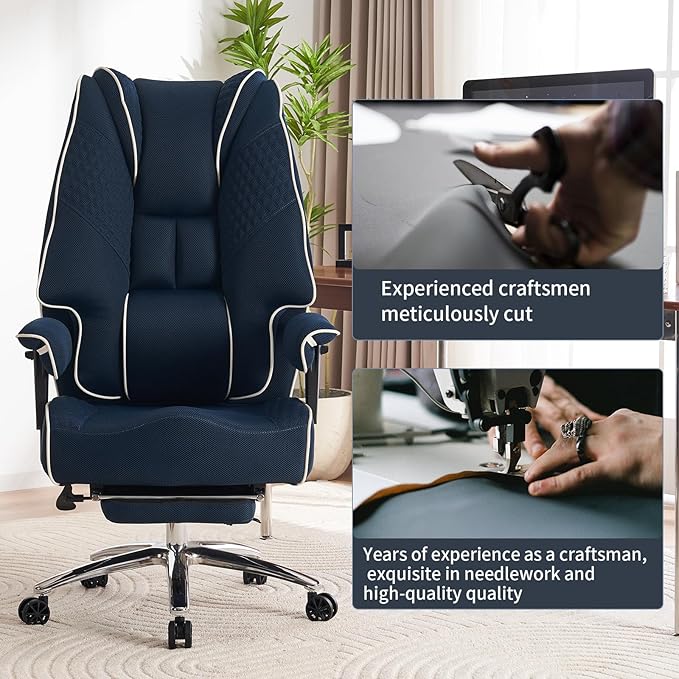 Big and Tall Office Chair 400lbs Wide Seat, Leather High Back Executive Office Chair with Foot Rest, Ergonomic Chairs Lumbar Support for Lower Back Pain Relief (Mesh Dark Blue)-DeskLoop Office