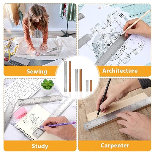 5Pcs Cork Backed Ruler Stainless Steel Ruler, 6/8/12/14/16 Inch Metal Ruler,Straight Edge Ruler Non-Slip Metal Rulers with Inch and Centimeters for Drawing Engineering(6 + 8 + 12 + 14 + 16 Inch)-DeskLoop Office