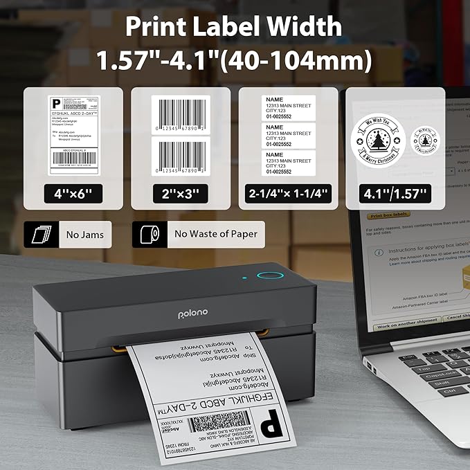 POLONO Bluetooth Thermal Shipping Label Printer, Wireless 4x6 Shipping Label Printer for Small Business, Support iOS, Android, Windows and Mac, Compatible with Amazon, Ebay, Shopify, Etsy, USPS(Brown)-DeskLoop Office