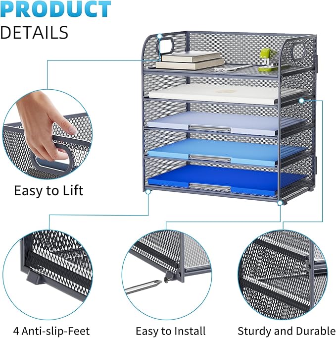 Marbrasse Paper Organizer Letter Tray, 5 Tier Mesh File Organizer with Handle, Paper Sorter Desk Organizer for Home Office Supplies - Grey-DeskLoop Office