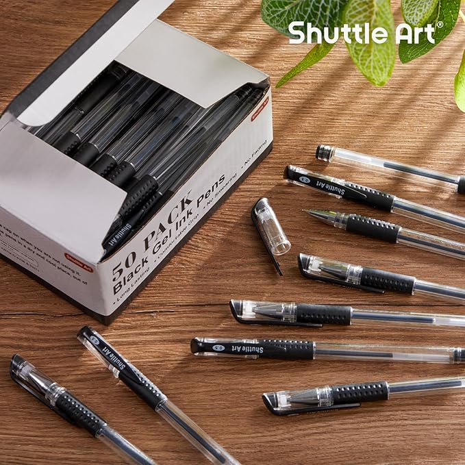 Shuttle Art Black Gel Pens, 50 Pack Fine Point Black Ink Pens Bulk, 0.5mm Rollerball Gel Ink Pens Smooth Writing with Comfortable Grip for Office, School and Home-DeskLoop Office