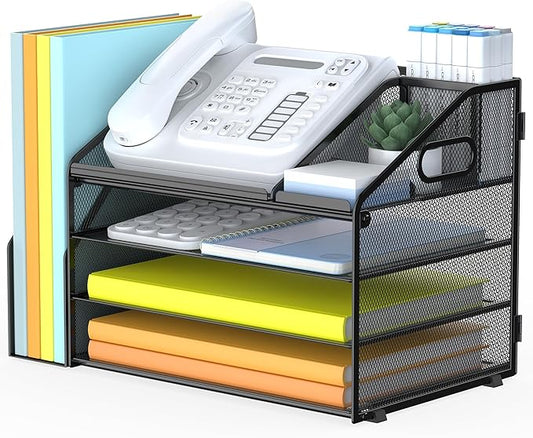 DocNest 4 Tier Paper Letter Tray File Organizer, Mesh Desk File with Handle, Workspace Desk Organizers with Pen Holder, Office Organization Storage Accessories - Black-DeskLoop Office