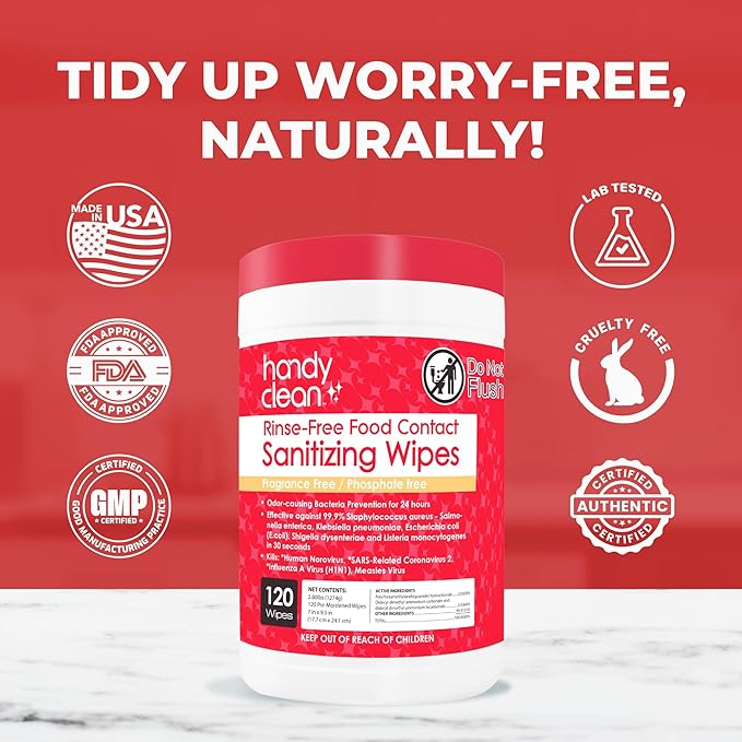 HandyClean Rinse-Free Food Contact Sanitizing Wipes Canister, Multi Surface Cleaning Supplies for Kitchen and Professional Setting One Canister (120 Wipes)-DeskLoop Office