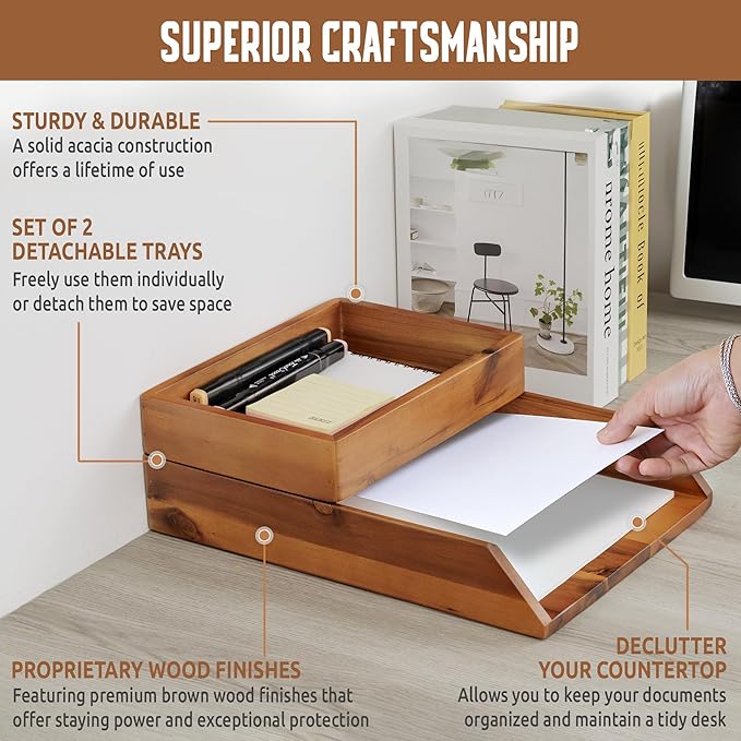 Demigo Desk Organizer Letter Tray Set of 2, Acacia Wood Tabletop Desktop for Storage Paper Letter Folders Notebooks Copy Print, Workspace Holder, Keep Stationery Saver (Brown)-DeskLoop Office