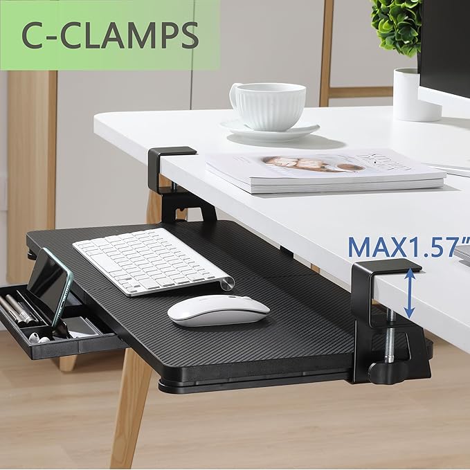 ETHU Keyboard Tray Under Desk, 26.77" X 11.81" Large Size Keyboard Tray with C Clamp-on Mount Easy to Install, Computer Keyboard Stand, Ergonomic Keyboard Tray for Home and Office (Carbon)-DeskLoop Office