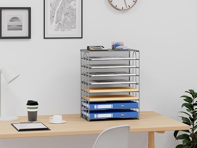 EasyPAG Mesh Desk Filer Organizer Tray 8 Slot Office Desk Paper Storage Organizer for A4 / Letter Sizer Floder, Silver-DeskLoop Office