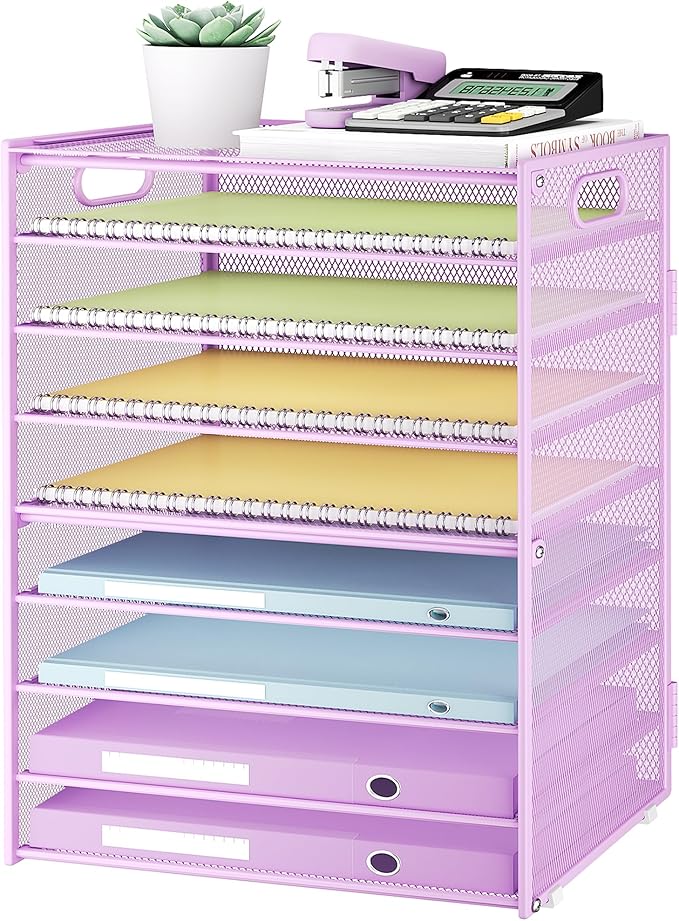 SUBEKYU 9 Tier Paper Letter Tray Desk Organizer with Handles - Purple Metal Mesh File Holder Paper Sorter Desk Organizer for Office Home School, Include 6 Pcs Adjustable Slid Tray, 6 Colors Available-DeskLoop Office