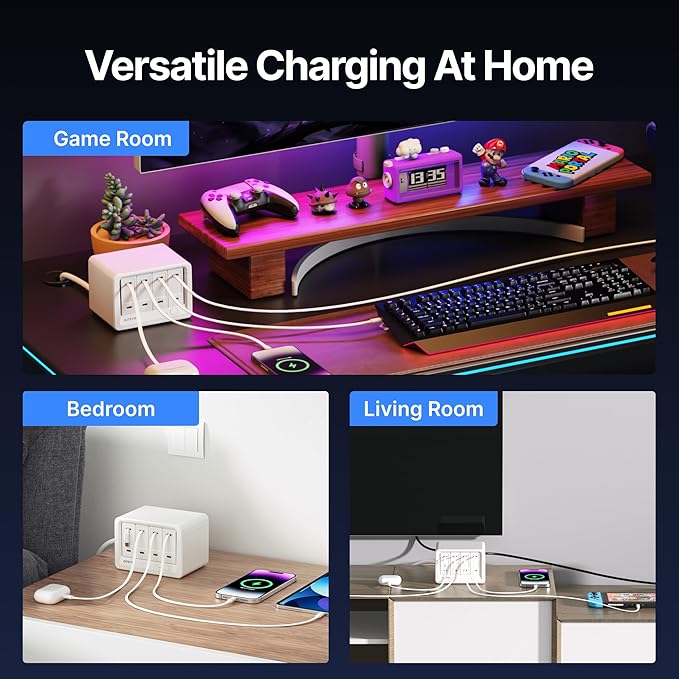 12-in-1 Desktop Charging Station with 4 Retractable Wall Chargers, 40W USB-C Power Strip with 4 AC, 4 USB C, 4 Type-C 31.5in Cables, Extension Cord with 1020J Surge Protection for Home Office-DeskLoop Office