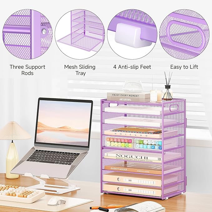 SUBEKYU 9 Tier Paper Letter Tray Desk Organizer with Handles - Purple Metal Mesh File Holder Paper Sorter Desk Organizer for Office Home School, Include 6 Pcs Adjustable Slid Tray, 6 Colors Available-DeskLoop Office