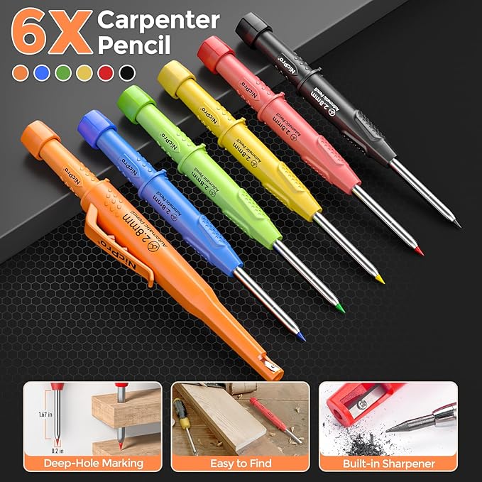 Nicpro 6 Pack CP3000 Carpenter Pencil with Sharpener, Mechanical Pencils Set with 78 Refill, Heavy Duty Construction Pencil, Carpenter Tools for Architect Marking (Red,Black,Yellow,Orange,Green,Blue)-DeskLoop Office