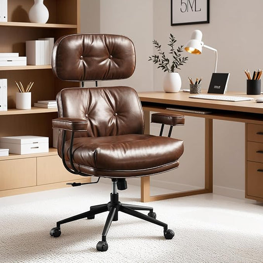 ovios Ergonomic Home Office Chair, Mid-Century Modern Faux Leather Chairs with Thickened Cushions, Comfy High Back Swivel Rolling Executive Computer Armchair (Dark Brown, PU Leather)-DeskLoop Office