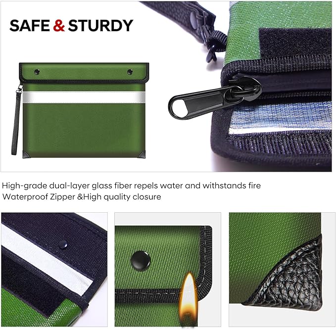 Upgraded Fireproof Document Bag 5200°F Heat Insulated,11"x7.7"Waterproof Fireproof Money Bag with Water-resistant Zipper,Fireproof Envelopes for Documents,Cash,Valuables(Green)-DeskLoop Office