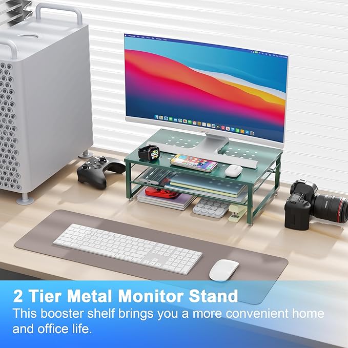 gianotter 2-Tier Metal Monitor Stand Riser, Desk Organizer for Monitor, Office Desk Storage Organizer for Office Supplies (Dark Green)-DeskLoop Office