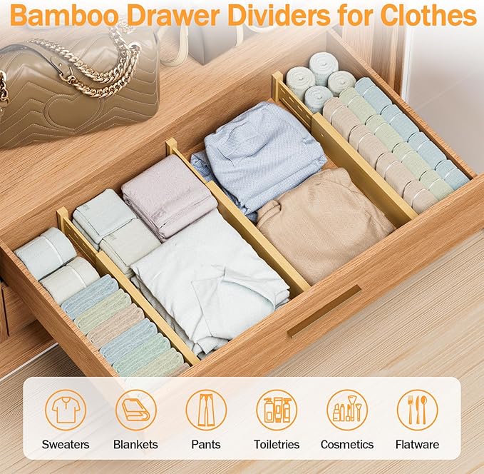 Bamboo Drawer Dividers 4" High, 16.5-22" Adjustable Drawer Organizers for Clothes,Expandable Dresser Separators in Bedroom/Kitchen/Bathroom/Office Organization and Storage,6 Pack-DeskLoop Office