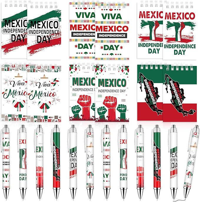 24PCS Mexican Independence Day Mini Spiral Notepad and Pen Set,Viva Mexico Independence Journals Fiesta Ballpoint Pen Pocket Notepad Bulk Gifts Supplies for Dia De La Independencia Party-DeskLoop Office