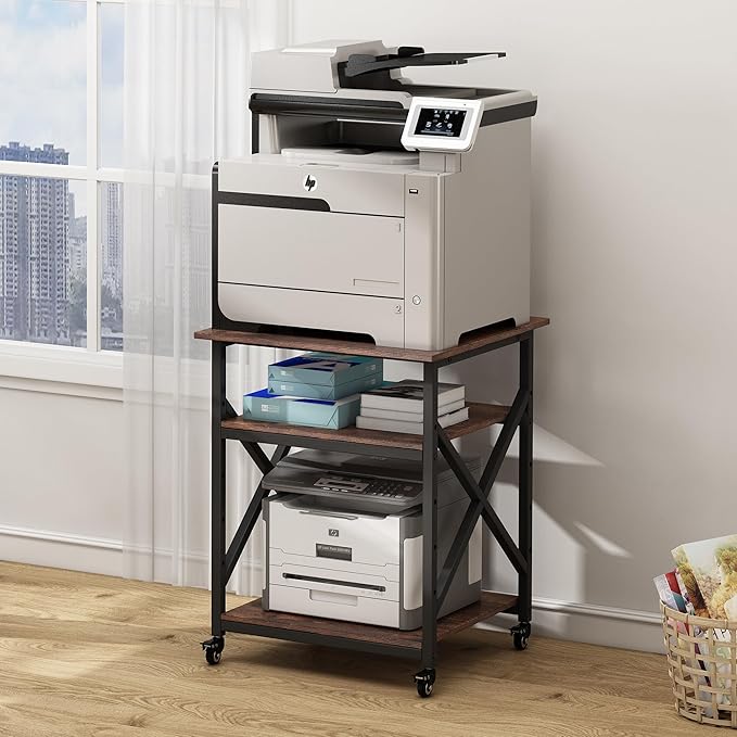 23.6 x 23.6 Inches Large Printer Stand, 3 Tier Square Printer Table with Height Adjustable Storage Shelf, Rolling Printer Cart with Industrial Wheels for Home Office - Rustic Brown-DeskLoop Office