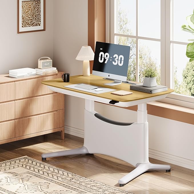 COLAMY Electric Adjustable Standing Desk – 48 x 28 Inch Sit Stand Desk with Drawer & Cable Management, Dual Motor Lift System, Ergonomic Footrest, Home Office Table (Veneer Desktop, Oak + White)-DeskLoop Office