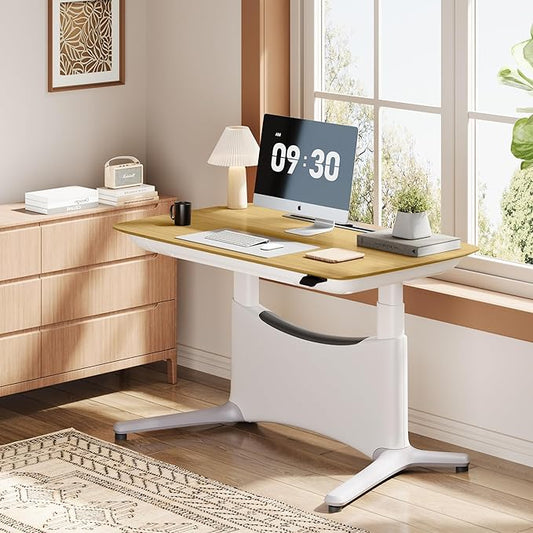 COLAMY Electric Adjustable Standing Desk – 48 x 28 Inch Sit Stand Desk with Drawer & Cable Management, Dual Motor Lift System, Ergonomic Footrest, Home Office Table (Veneer Desktop, Oak + White)-DeskLoop Office