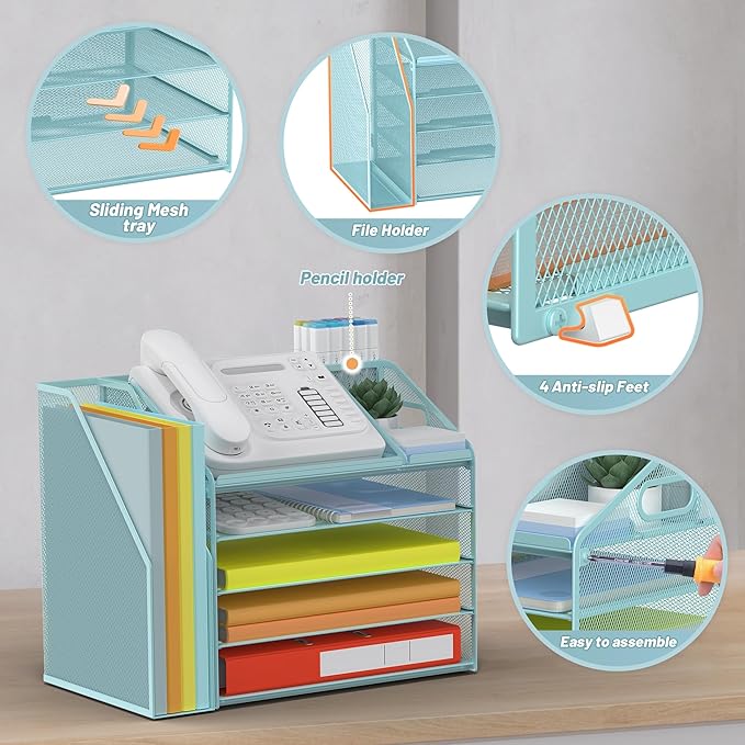 DocNest 5 Tier Paper Letter Tray File Organizer, Mesh Desk File with Handle, Workspace Desk Organizers with Pen Holder, Office Organization Storage Accessories - Blue-DeskLoop Office