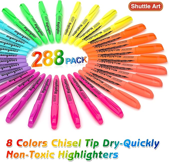 Shuttle Art 288 Pack Highlighters, Highlighters Assorted Colors Set, 8 Bright Colors Chisel Tip Dry-Quickly Non-Toxic Highlighter Markers Bulk for Adults Kids Highlighting in Home School Office-DeskLoop Office