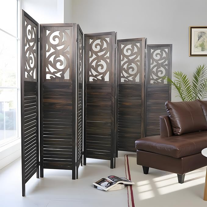 Room Divider, 5.6FT Folding Room Divider Panel, 8 Panel Craved Wood Partition Wall Divider for Room Separation, Rustic Brown-DeskLoop Office